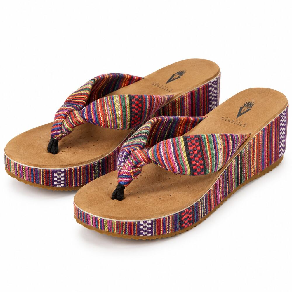 Volatile Striped Bow Tulane Thong Wedge Espadrille Wedge Sandals Womens Size 9